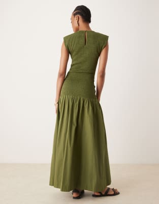 Asos Tall Asos Design Tall High Neck Shirred Poplin Maxi Dress With Dropped Waist In Green