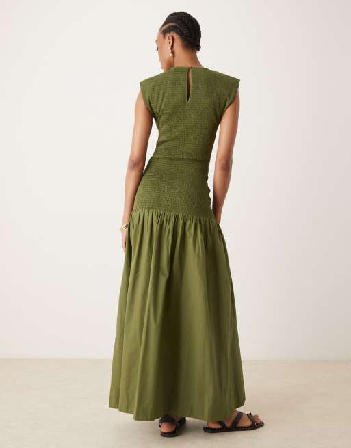 ASOS DESIGN Tall high neck shirred poplin maxi dress with dropped waist in deep olive