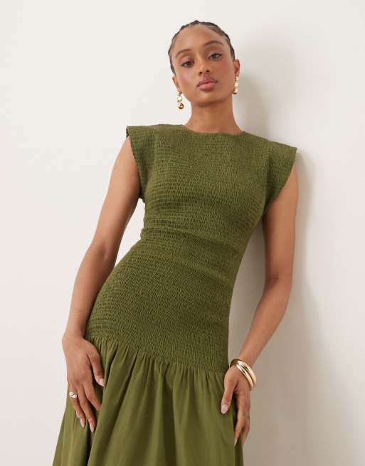 ASOS DESIGN Tall high neck shirred poplin maxi dress with dropped waist in deep olive