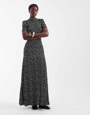 Asos Tall Asos Design Tall High Neck Short Sleeve Spun Maxi Dress In Multi