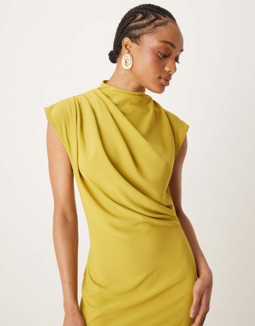 ASOS DESIGN Tall high neck sleeveless midi dress with draped neck in gold
