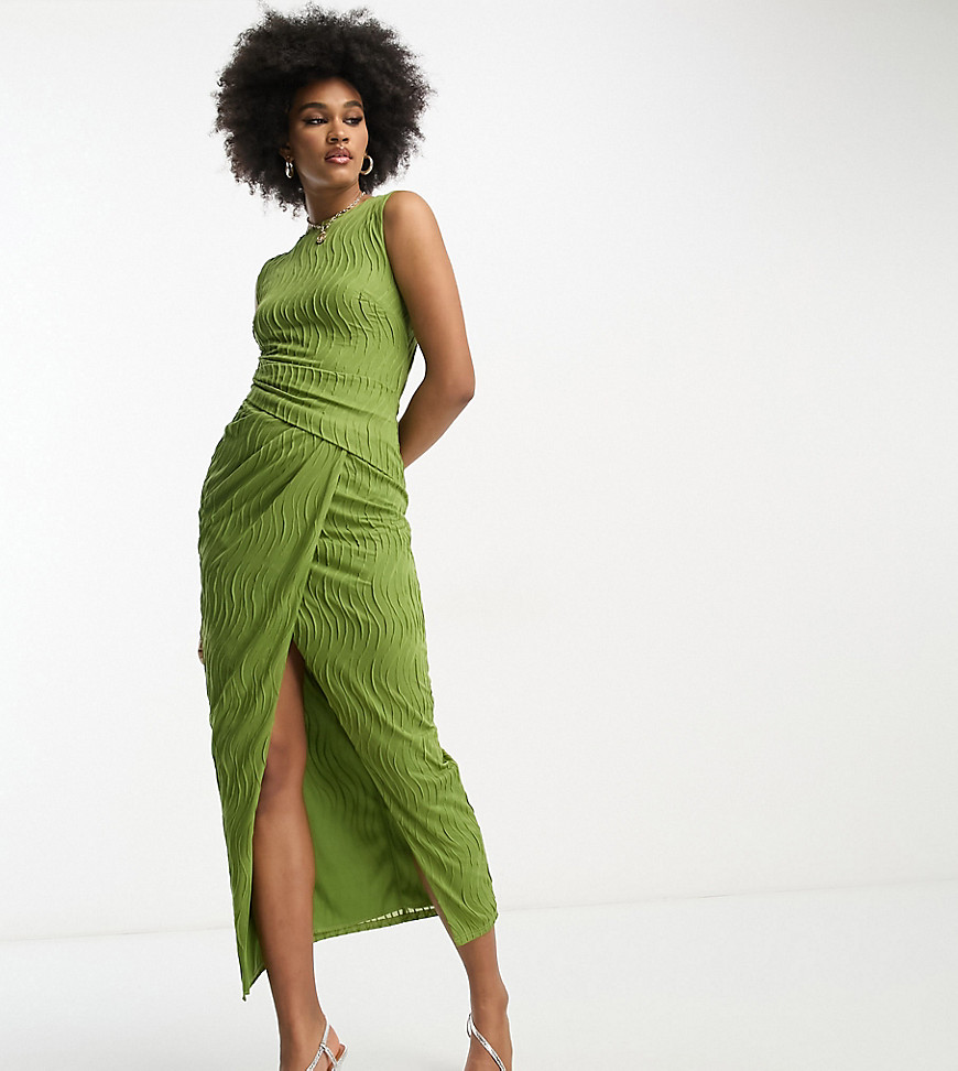 ASOS DESIGN Tall high neck textured midi dress in khaki green-Multi