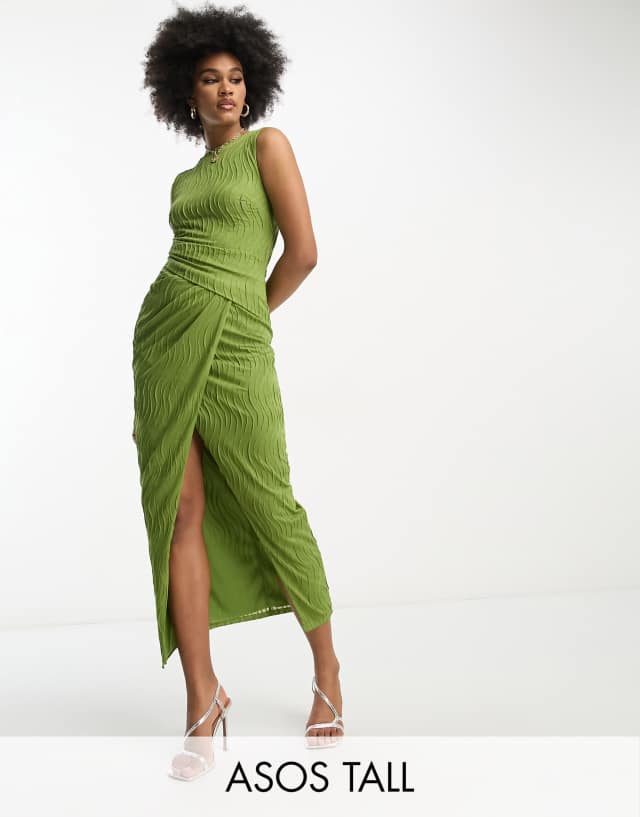 ASOS DESIGN Tall high neck textured midi dress in khaki green