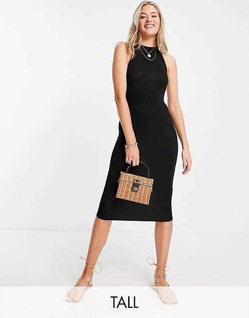  Tall high neck thick strappy back midi dress in black 