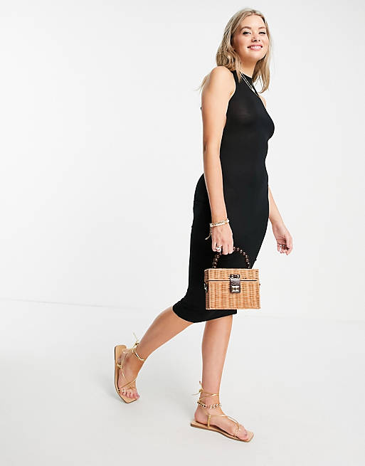  Tall high neck thick strappy back midi dress in black 