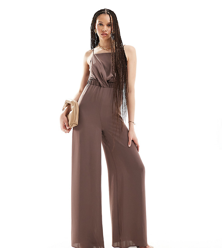 ASOS DESIGN Tall high neck twist front jumpsuit in chocolate-Purple