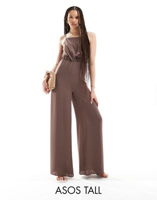 ASOS DESIGN Tall high neck twist front jumpsuit in chocolate