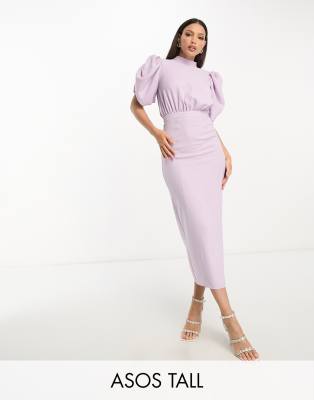 Asos Tall Asos Design Tall High Neck Volume Sleeve Midi Dress With Fitted  Skirt In Lilac-purple | ModeSens