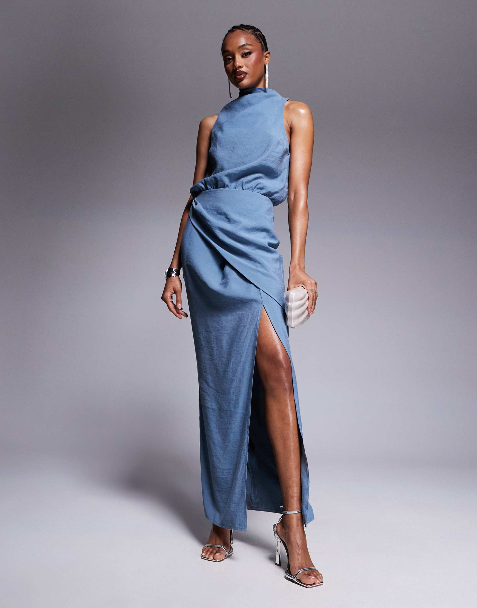 asos design tall high neck wrap maxi dress in smoke blue