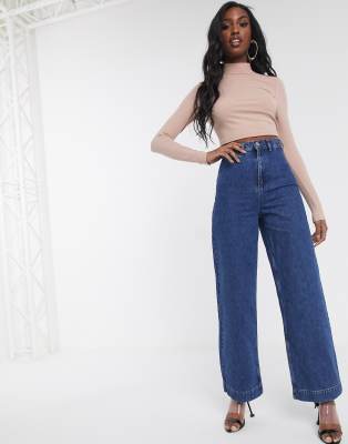 mid wash high waisted wide leg jeans