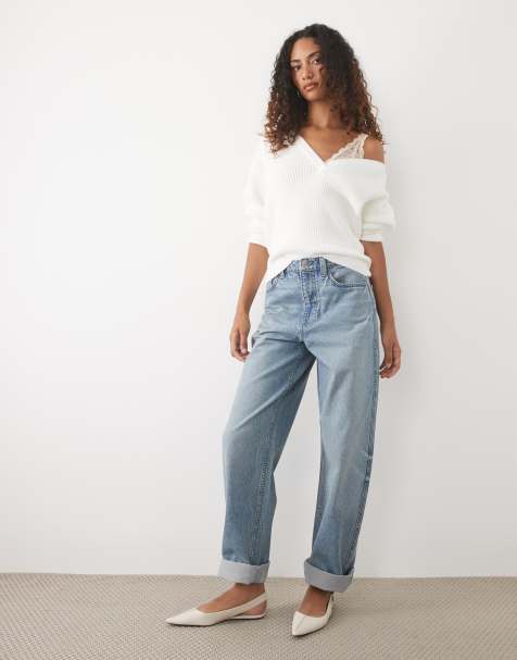 ASOS DESIGN Tall high rise relaxed cuffed jeans in medium-wash blue - view 1