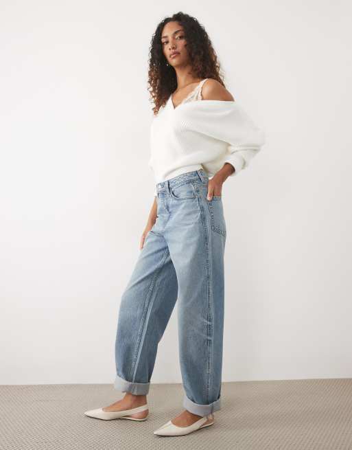 ASOS DESIGN Tall high rise relaxed cuffed jeans in medium-wash blue, 2 of 5