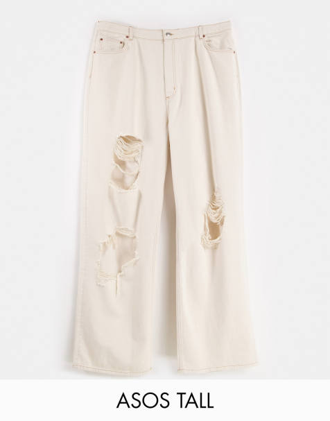 ASOS DESIGN Tall high rise 'relaxed' dad jeans in ecru with extreme rips - view 1
