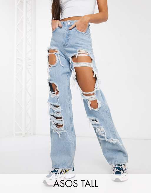 ASOS DESIGN Tall high rise Relaxed dad jeans with extreme rip in lightwash