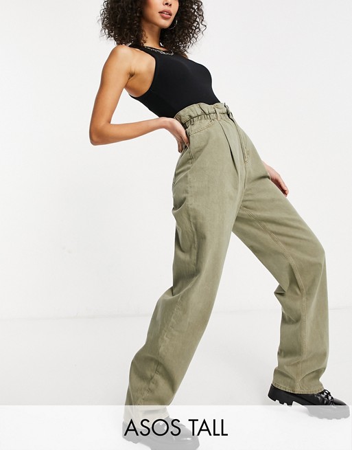 ASOS DESIGN Tall high rise 'relaxed' dad jeans with paper bag waist in khaki