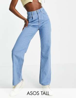 ASOS DESIGN Tall high rise 'relaxed' dad jeans with pleated fronts in midwash-Blues