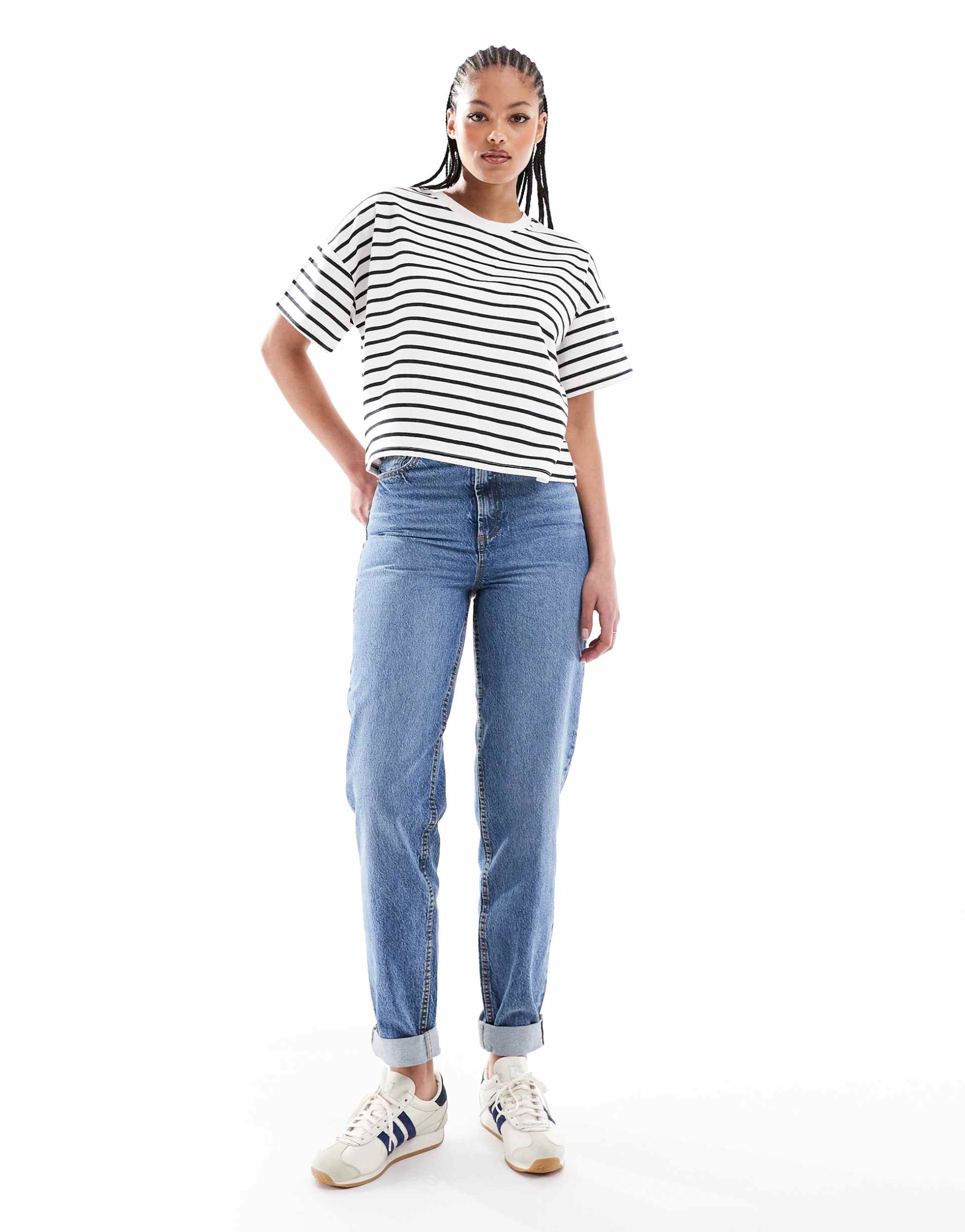 asos design tall high rise relaxed mom jeans in mid blue