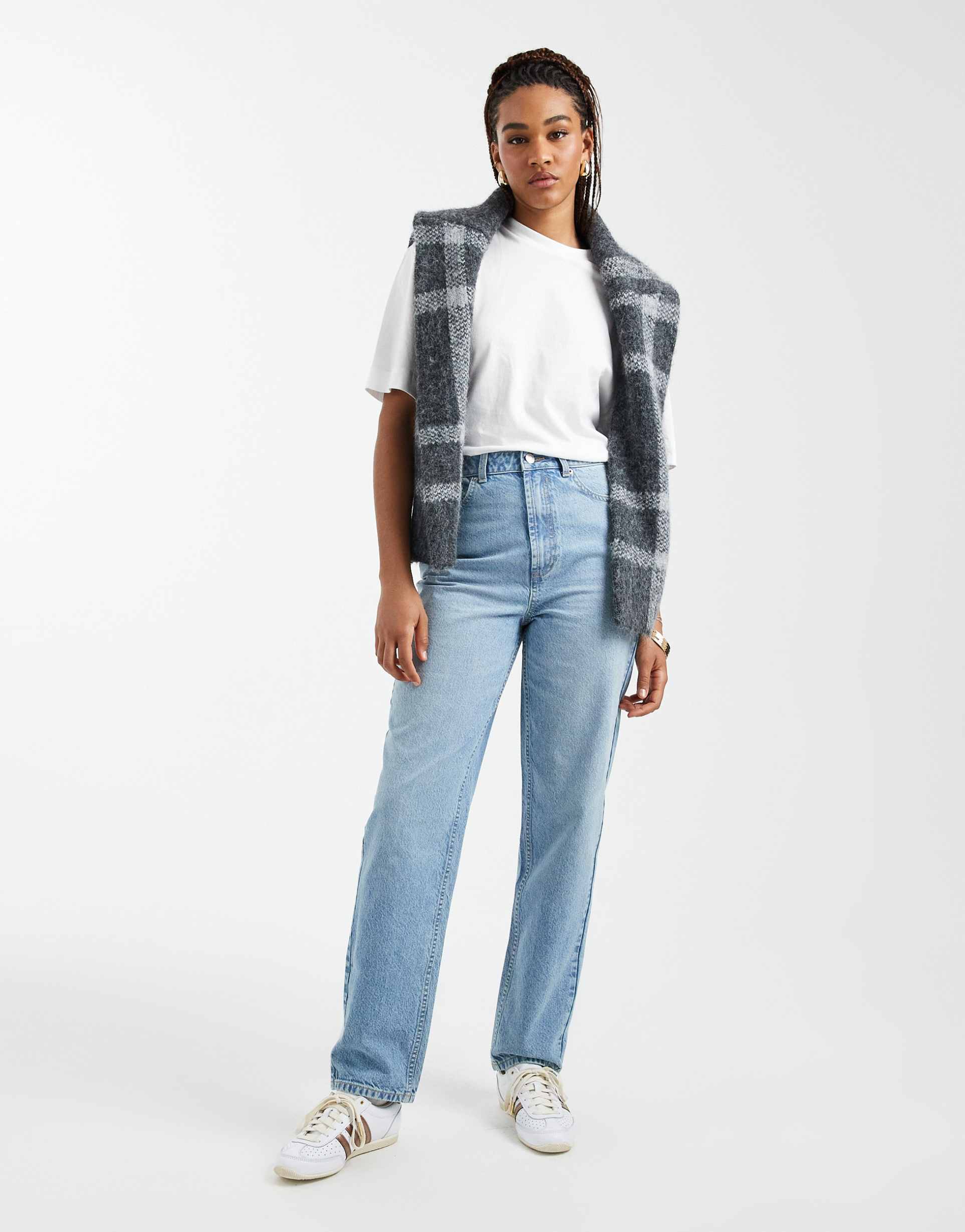 asos design tall high rise relaxed mom jeans in mid blue