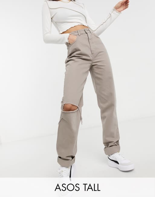 ASOS DESIGN Tall high rise 'slouchy' mom jean in mushroom with knee rips