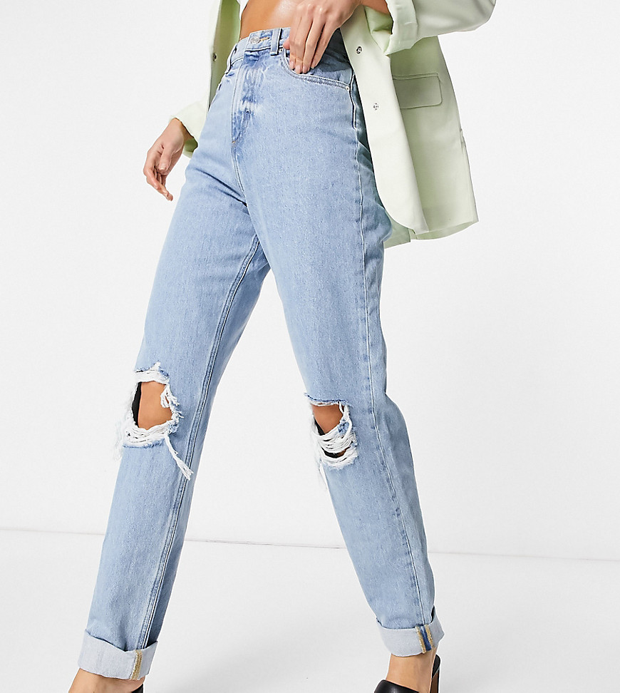 Asos Design Tall High Rise 'Slouchy' Mom Jeans In Lightwash With Rips-Blue