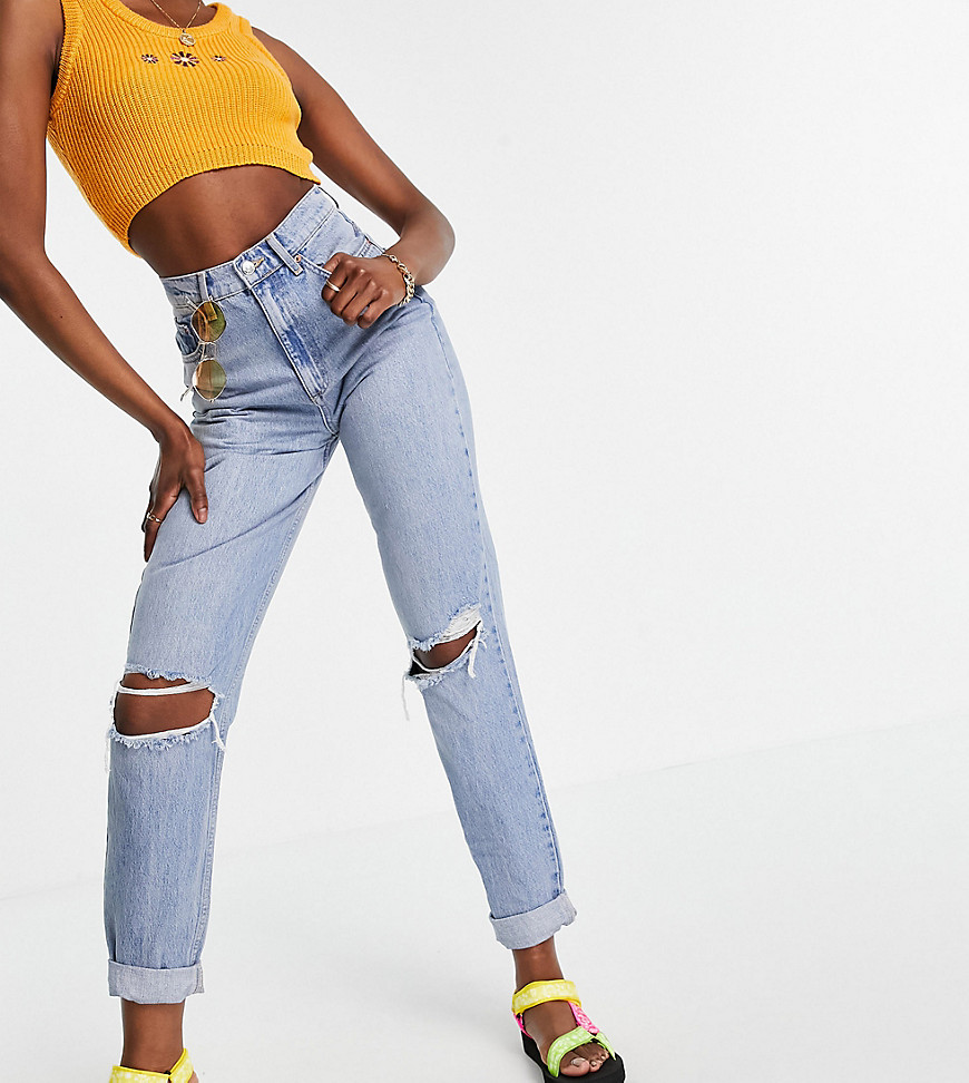 ASOS DESIGN Tall high rise 'slouchy' mom jeans in stonewash with rips-Blues