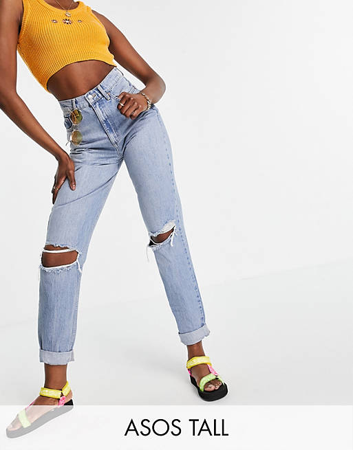  Tall high rise 'slouchy' mom jeans in stonewash with rips 