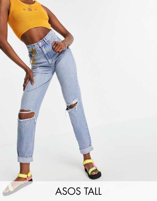 ASOS DESIGN Tall high rise slouchy mom jeans in stonewash with rips