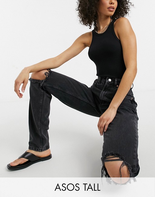 ASOS DESIGN Tall high rise 'slouchy' mom jeans in washed black with rips