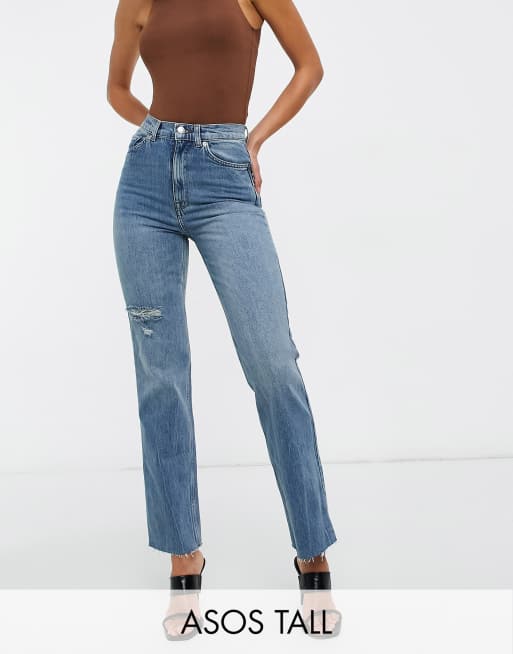 ASOS DESIGN Tall high rise stretch effortless crop kick flare jeans in midwash with thigh rip