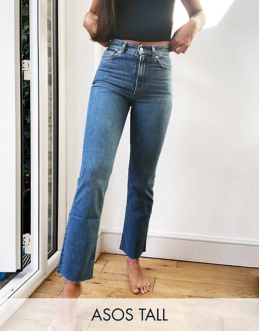ASOS DESIGN Tall high rise stretch 'effortless' crop kick flare jeans in midwash