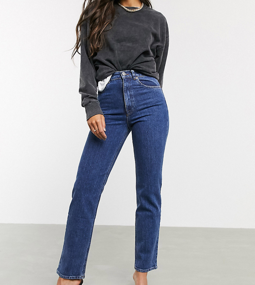 ASOS DESIGN Tall High rise stretch 'slim' straight leg jeans in mid vintage wash-Blue