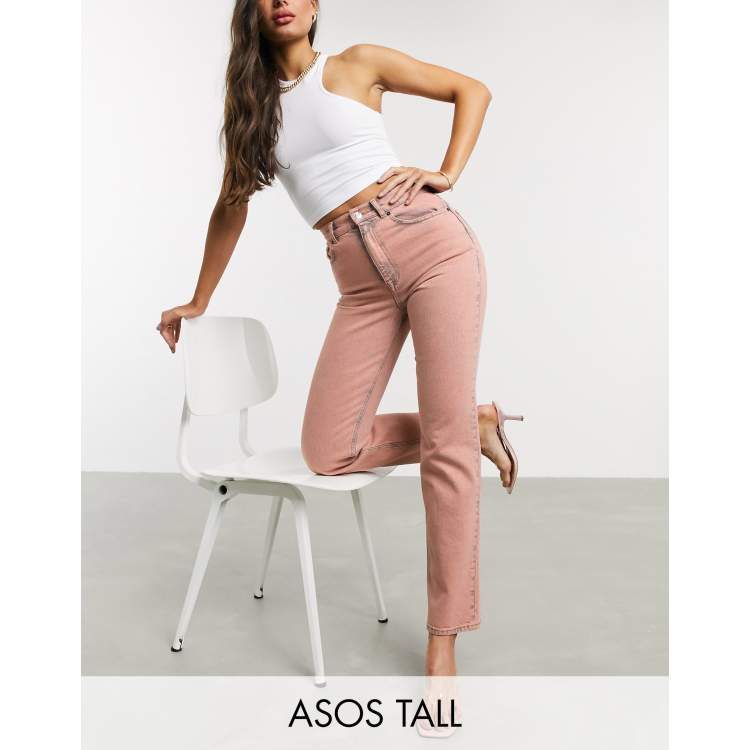 ASOS DESIGN high rise 'Stretch' straight jeans in bubblegum pink