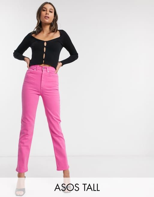 ASOS DESIGN Tall high rise 'stretch' straight jeans in bubblegum pink