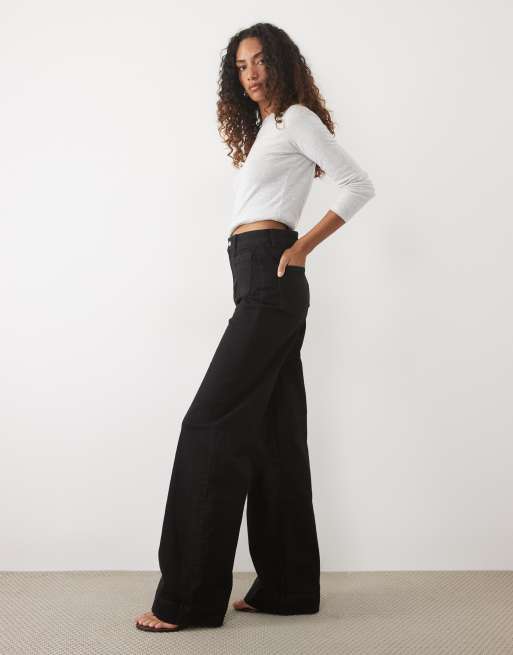 ASOS DESIGN Tall high rise wide leg jeans with front pockets in black, 2 of 5