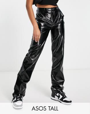 ASOS DESIGN Tall high shine crackle vinyl straight leg trouser in black