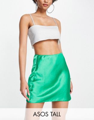 ASOS DESIGN Tall high shine satin mini slip skirt in pepper green