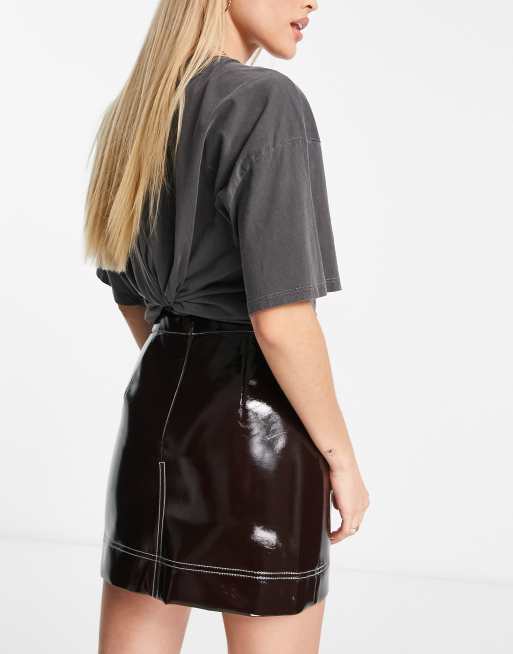 ASOS DESIGN Tall high shine vinyl mini skirt in oxblood with contrast stitching