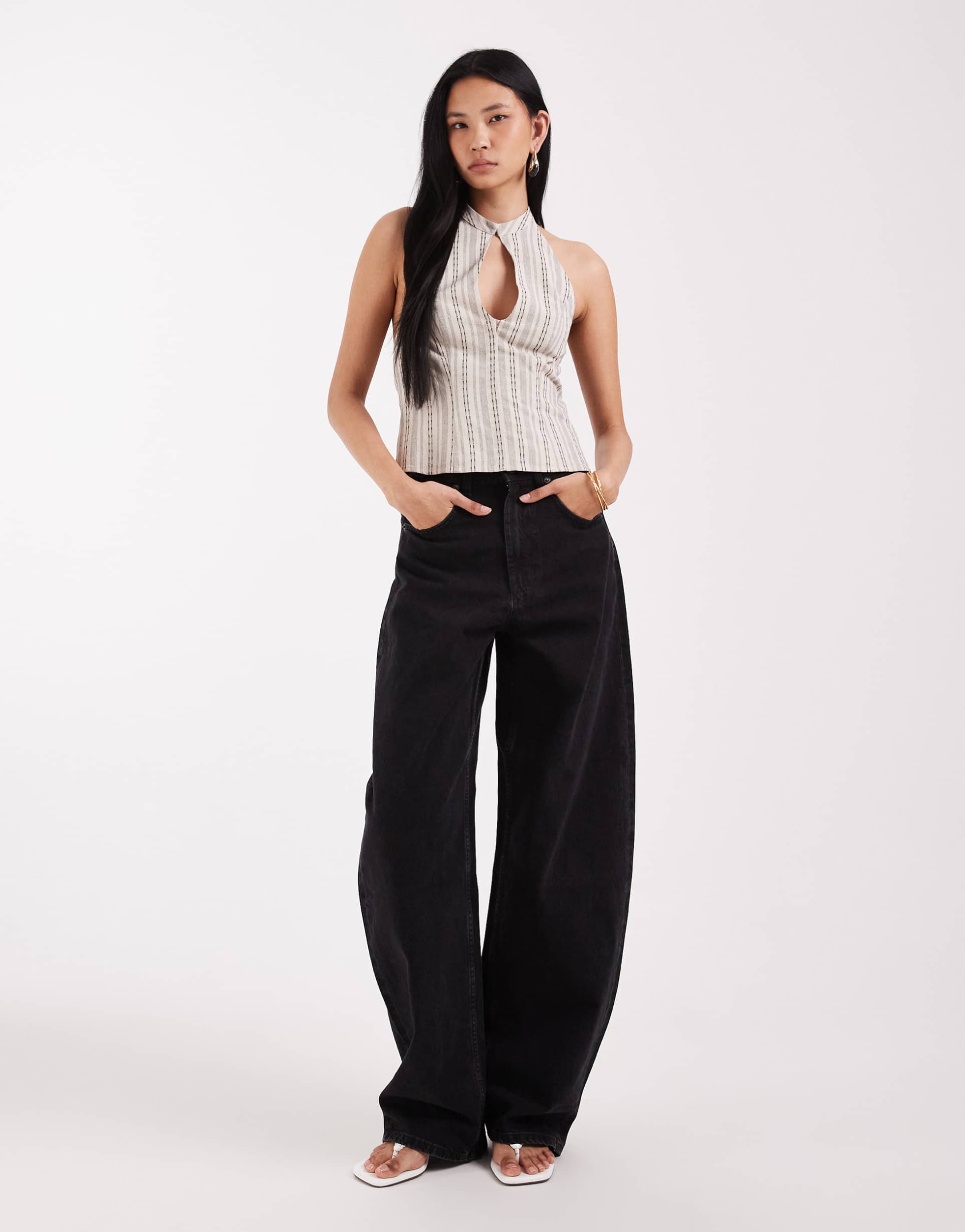 asos design tall high waist barrel leg jeans in black