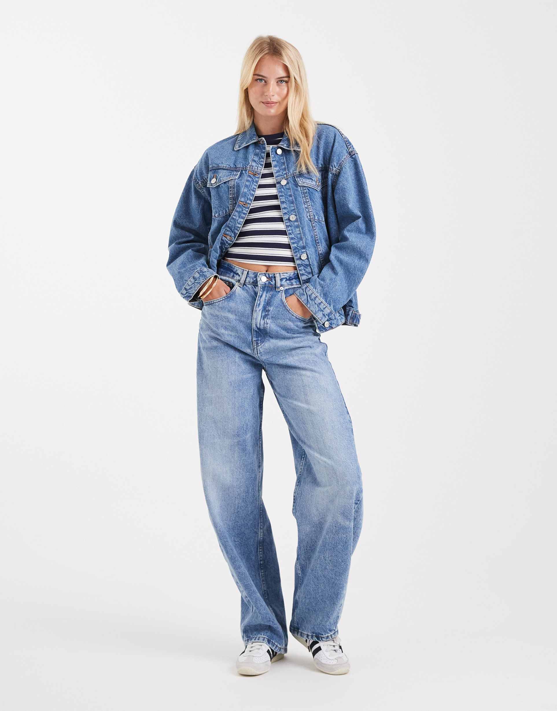 asos design tall high waist barrel leg jeans in light mid blue