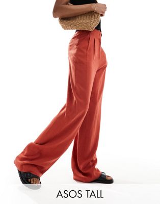 ASOS DESIGN Tall high waist seam detail linen mix pants in rust-Red