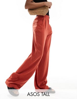 ASOS DESIGN Tall high waist seam detail trousers with linen in rust