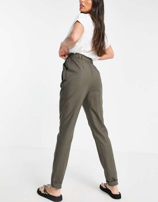 ASOS DESIGN Tall high waist slim peg pant in khaki linen