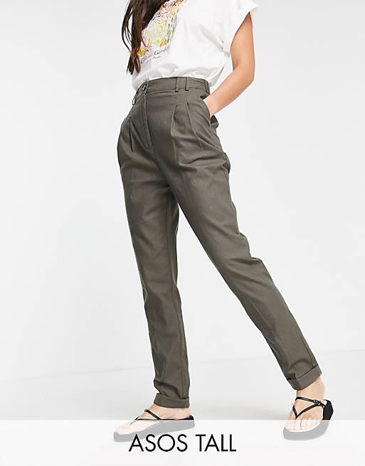 ASOS DESIGN Tall high waist slim peg trouser in khaki linen