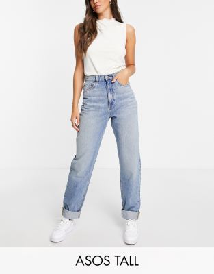 Asos Tall Asos Design Tall Farleigh High Waist Slim Mom Jeans In Mid Stonewash Blue With Rips In Blues