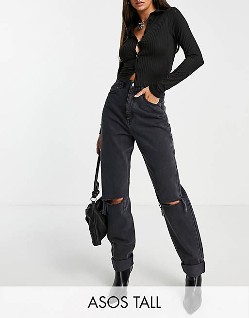  Tall high waist 'slouchy' mom jeans in washed black with rips 