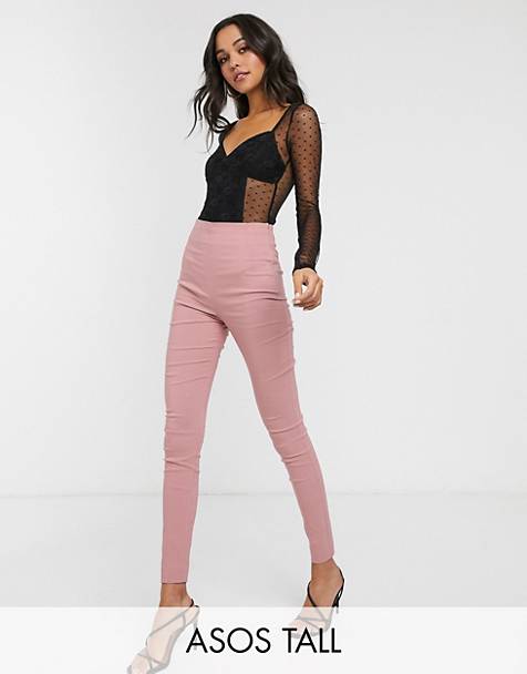 Women Ladies New Checked Beige Pink High Waist Skinny Trousers/Pants UK 12-18 