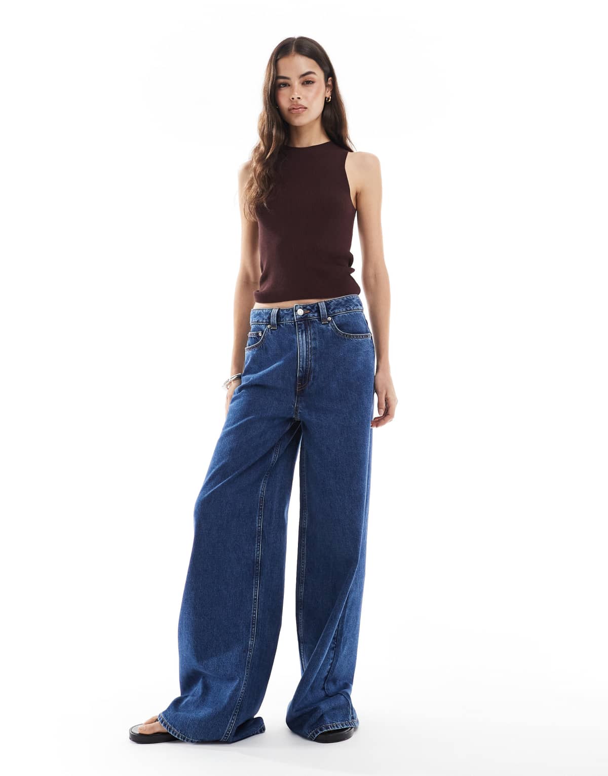 ASOS DESIGN Tall high waist wide leg jeans in midwash blue