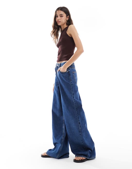 ASOS DESIGN Tall high waist wide leg jeans in midwash blue, 3 of 5