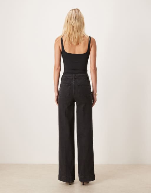 ASOS DESIGN Tall high waist wide leg jeans with front pockets in black , 3 of 5
