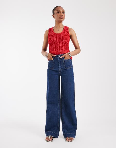 ASOS DESIGN Tall high waist wide leg jeans with front pockets in dark wash blue - view 1